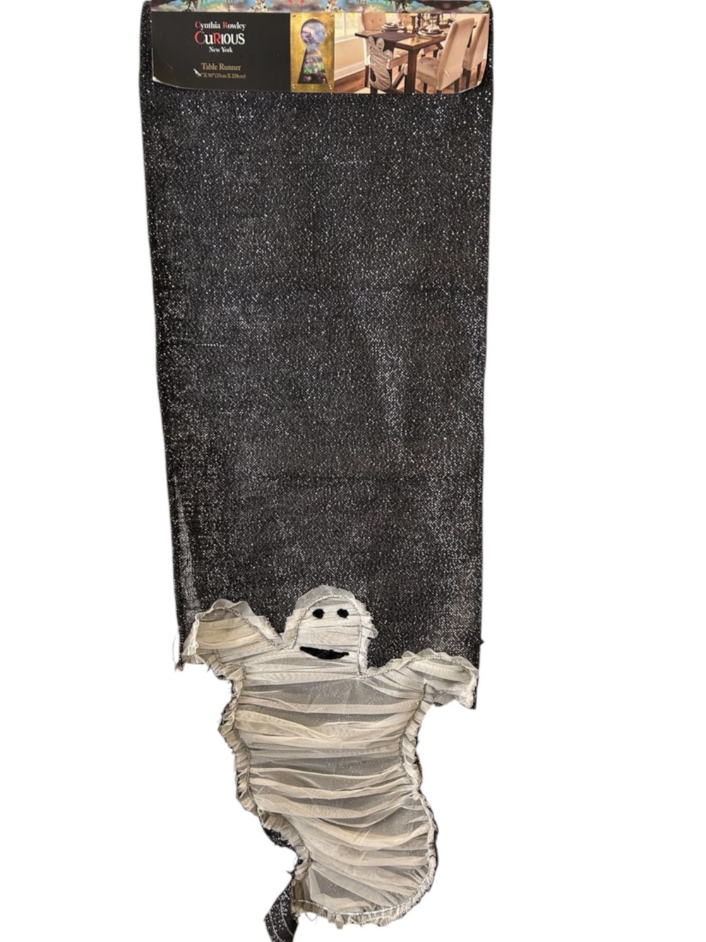 Cynthia Rowley Curious Halloween Mummy Table Runner Metallic Black Spooky 16x72